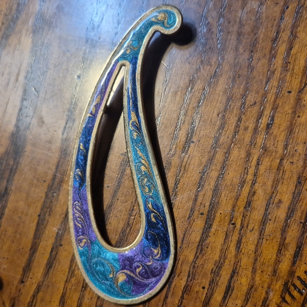 Vintage 80's Art Noveau Swirl Turquoise Blue Green Gold Paisley Pin Brooch - Picture 3 of 4